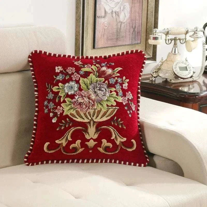 Red jacquard flower cushion pillowcase with embroidered floral design on sofa backrest