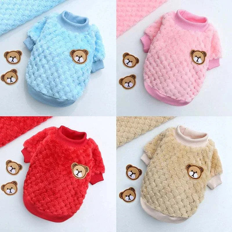 Soft fleece warm dog clothes with bear patch in blue pink red and beige for small puppies