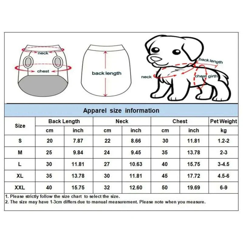 Christmas pet clothes size chart for warm fleece dog sweaters and cat winter coats with measurements for neck, chest, and back length