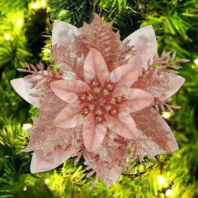 Pink glitter Christmas flower ornament decoration on tree