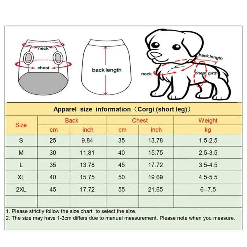 Winter pet clothes size chart for small dogs with measurements for back length, chest girth, and weight in various sizes from S to 2XL
