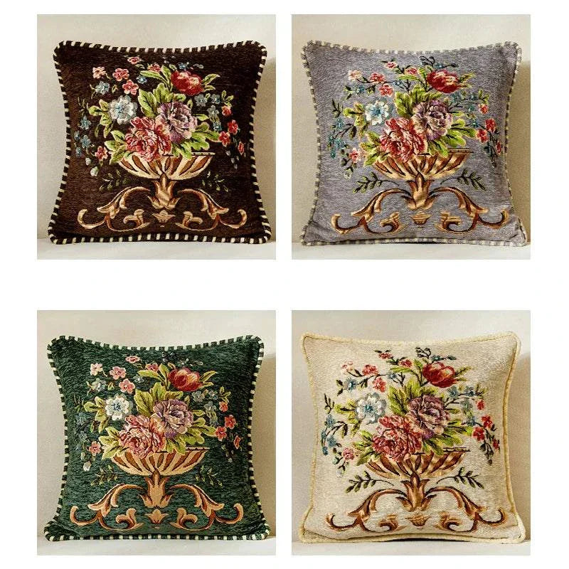 Jacquard flower cushion pillowcases with embroidered floral design in brown, gray, green, and beige colors, 45x45cm, retro European style.