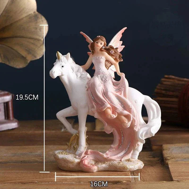 Nordic Beautiful Healing Girl Fairy Resin Ornament sitting on a white unicorn sculpture for home decoration
