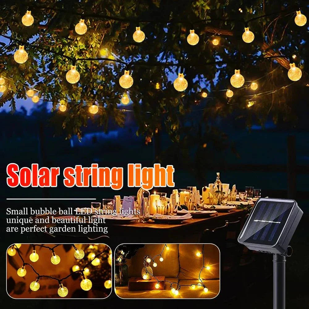 Solar bubble ball string lights with warm white LED outdoor garden decoration and solar panel lighting for patio and holiday party