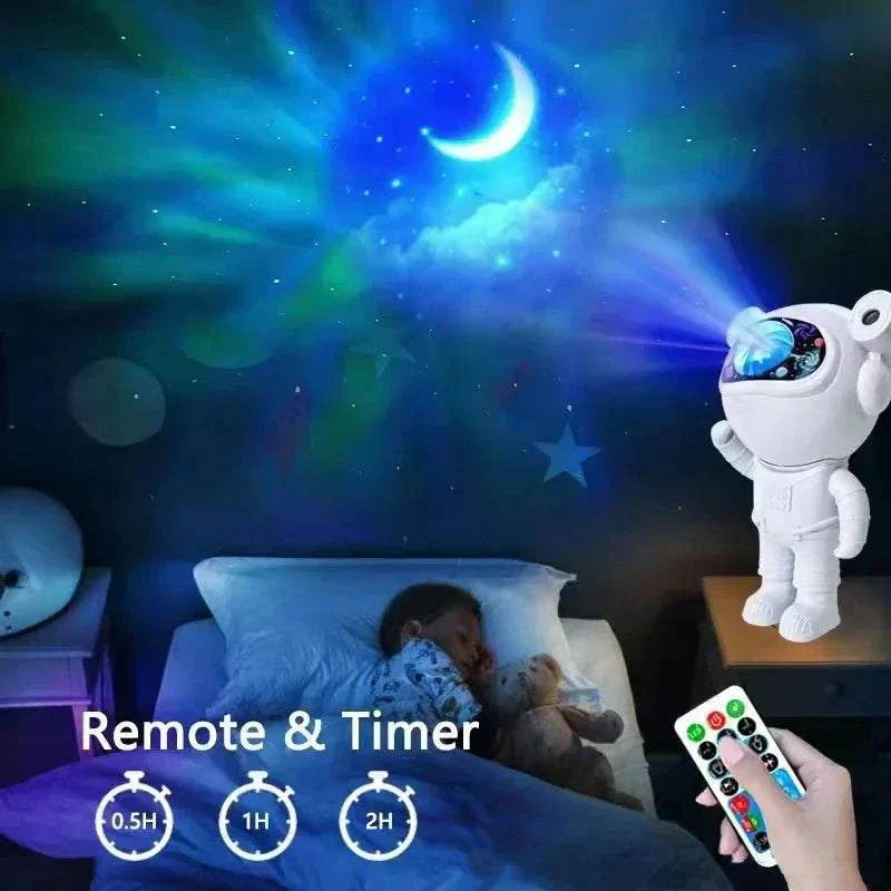 Galaxy Lighting for Kids Bluetooth astronaut star projector with LED aurora and moon nebula effects in bedroom night light setup