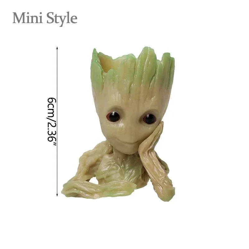 Modern miniature Groot figurine vase for flowers and decor, 6cm tall, plastic planter pot for home or office.