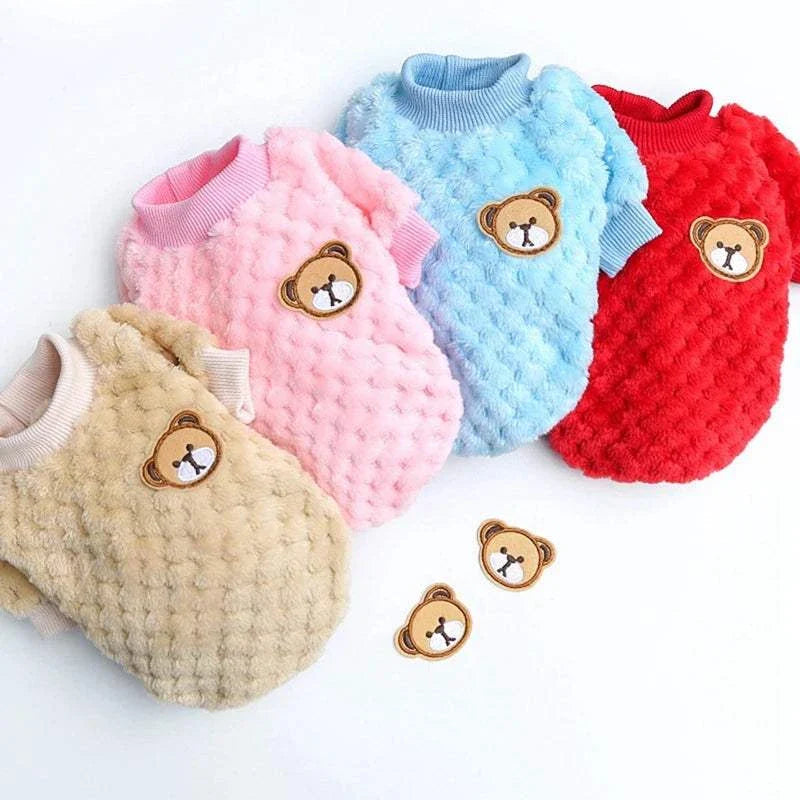 Soft fleece warm pet clothes for small dogs in pink, blue, red, and beige with bear patches