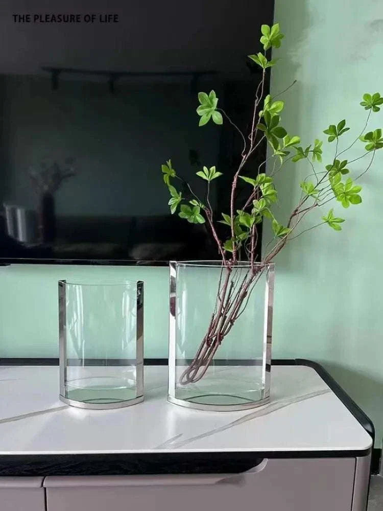 Modern glass vases with minimalist design for home decoration and hydroponics, featuring clear handmade glass and metal accents