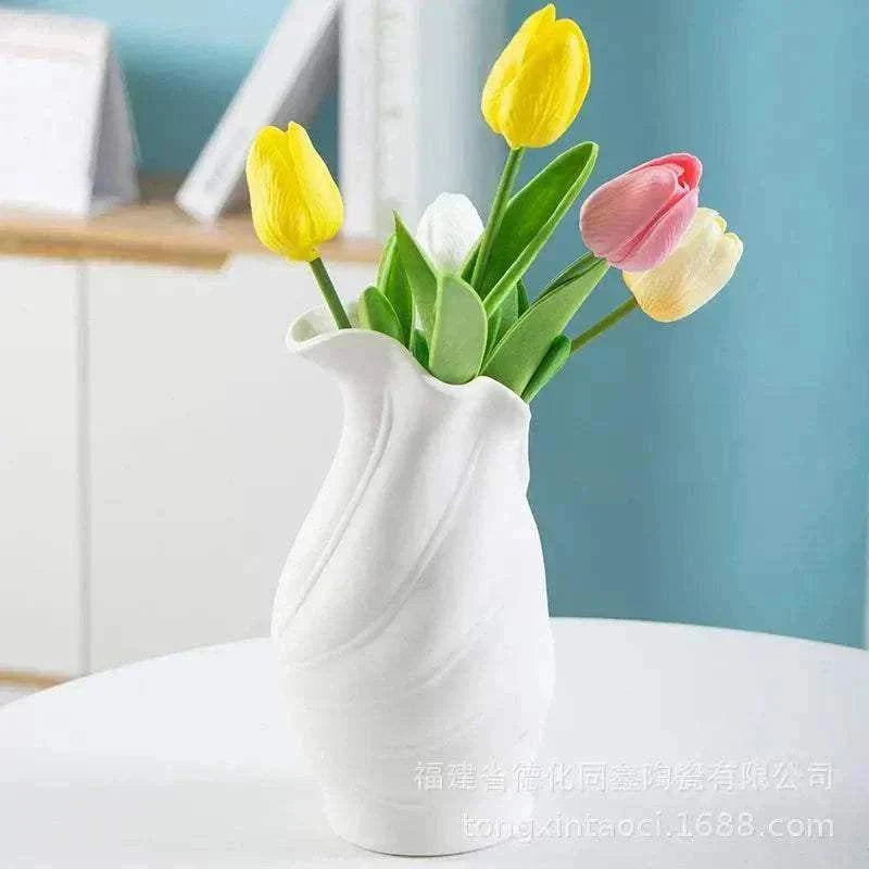 Modern Ceramic Vase with tulips, French minimalist Nordic design, matte white ceramic, elegant home décor accessory