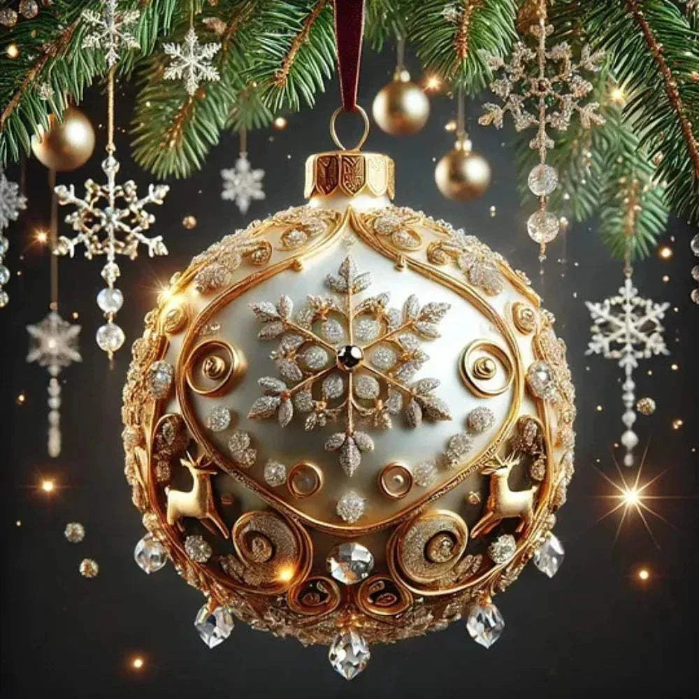 Fairy Tale Planet Christmas Tree Decoration gold and white acrylic ornament with snowflake and reindeer design hanging on pine branch