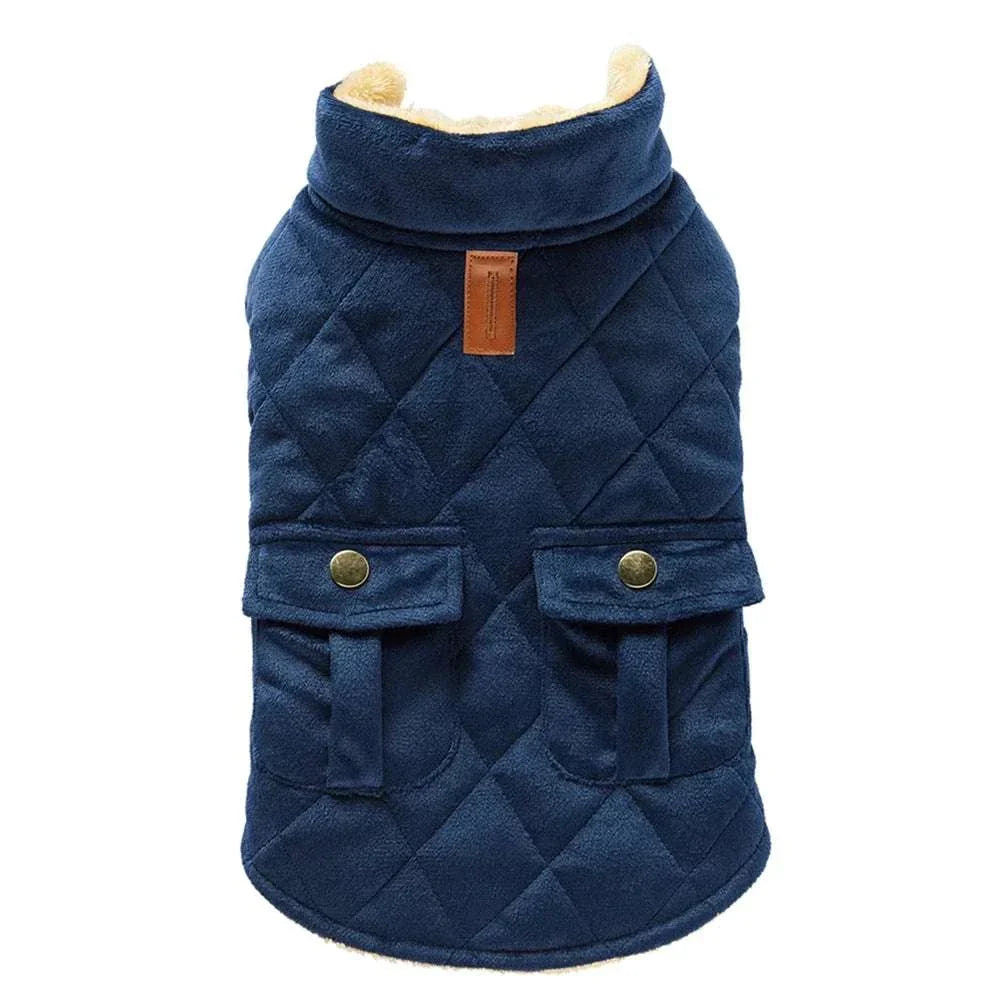 Navy blue plush warm pet coat with quilted pattern and pockets for dogs