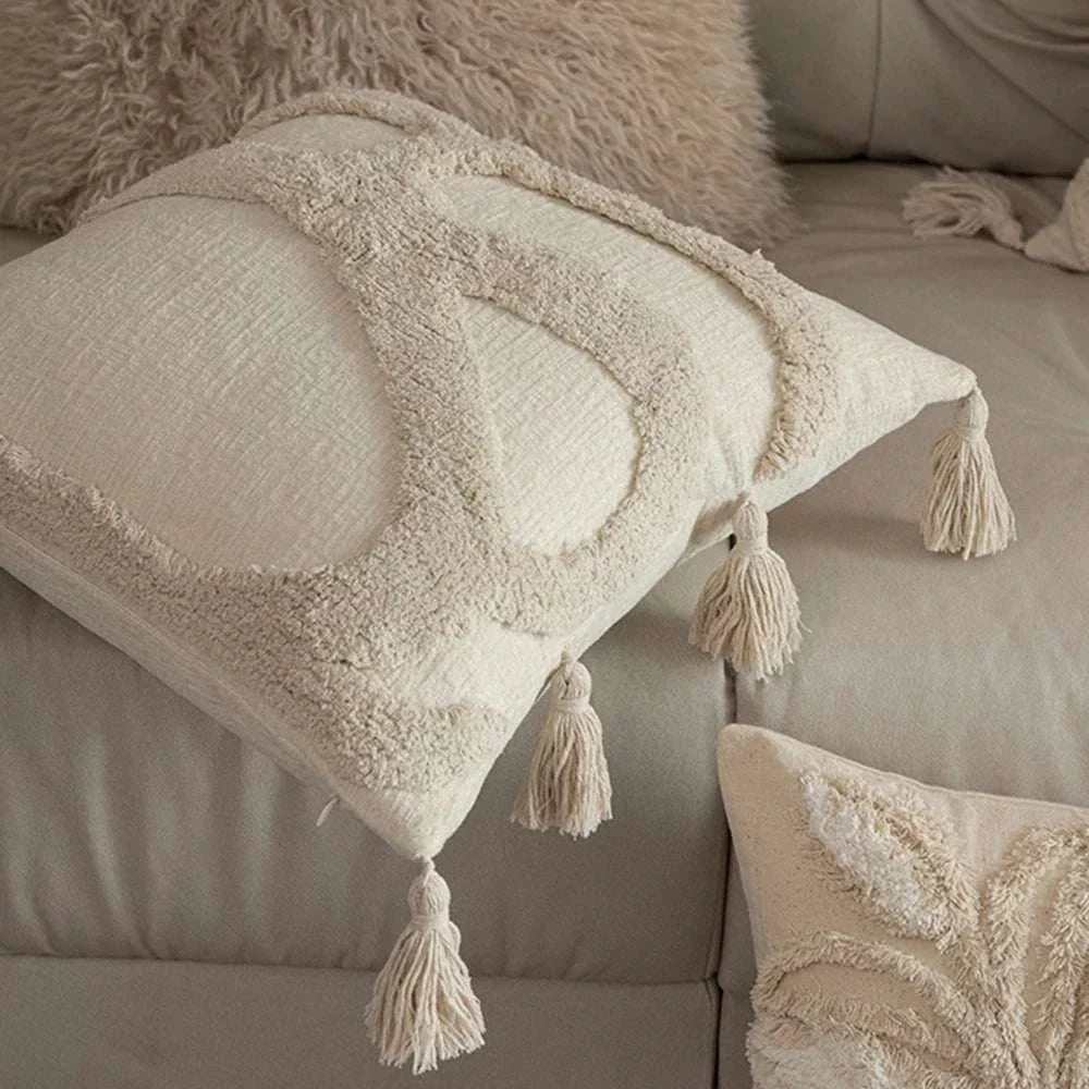 Jacquard embroidery square cushion cover with tassels in beige for sofa and bed decoration