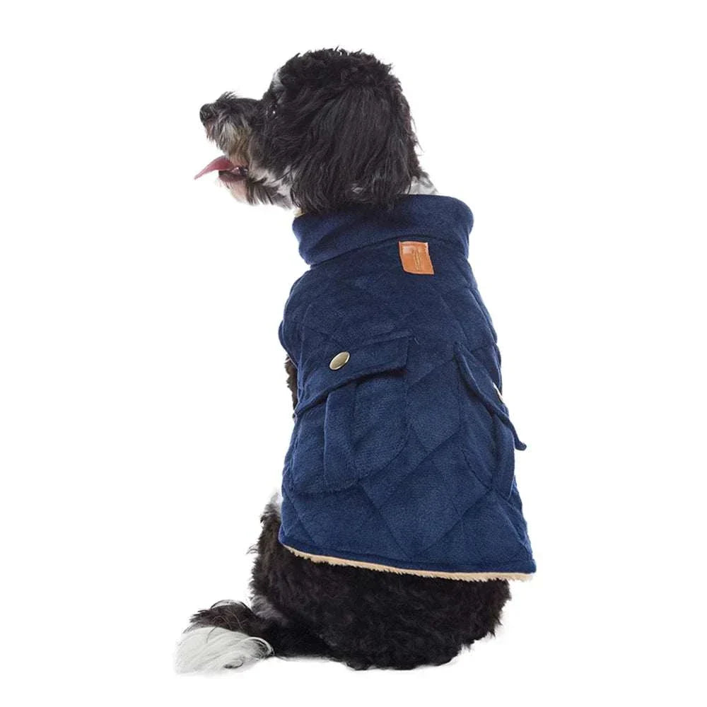 black dog wearing navy blue plush warm pet coat with quilted pockets and folded collar