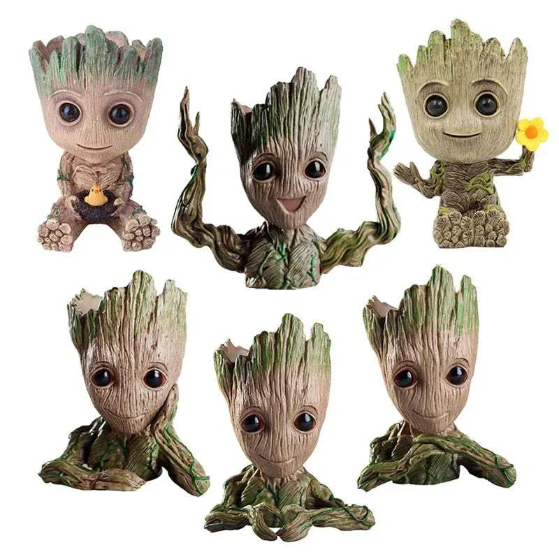 Set of modern Groot-inspired flower vases made of plastic for home and office decoration
