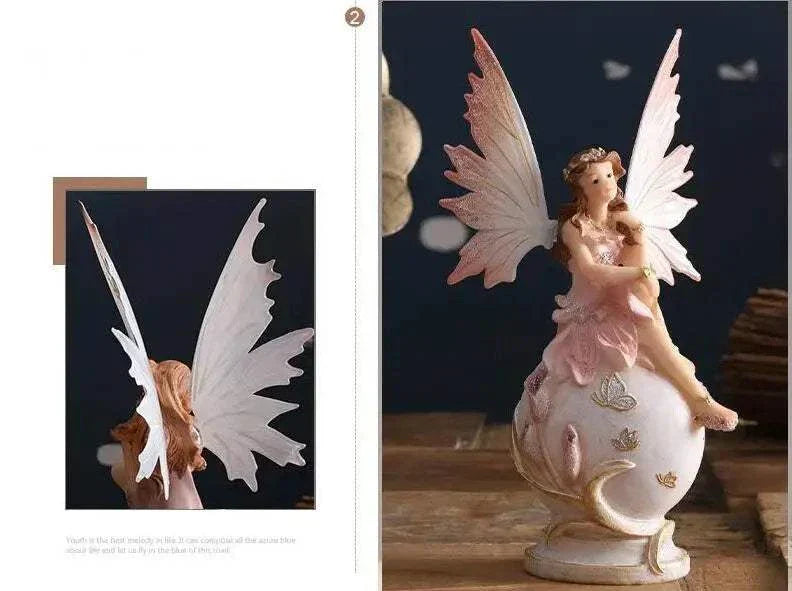 Nordic Beautiful Healing Girl Fairy Resin Ornament sitting on decorative sphere with delicate wings and pink dress for home decor