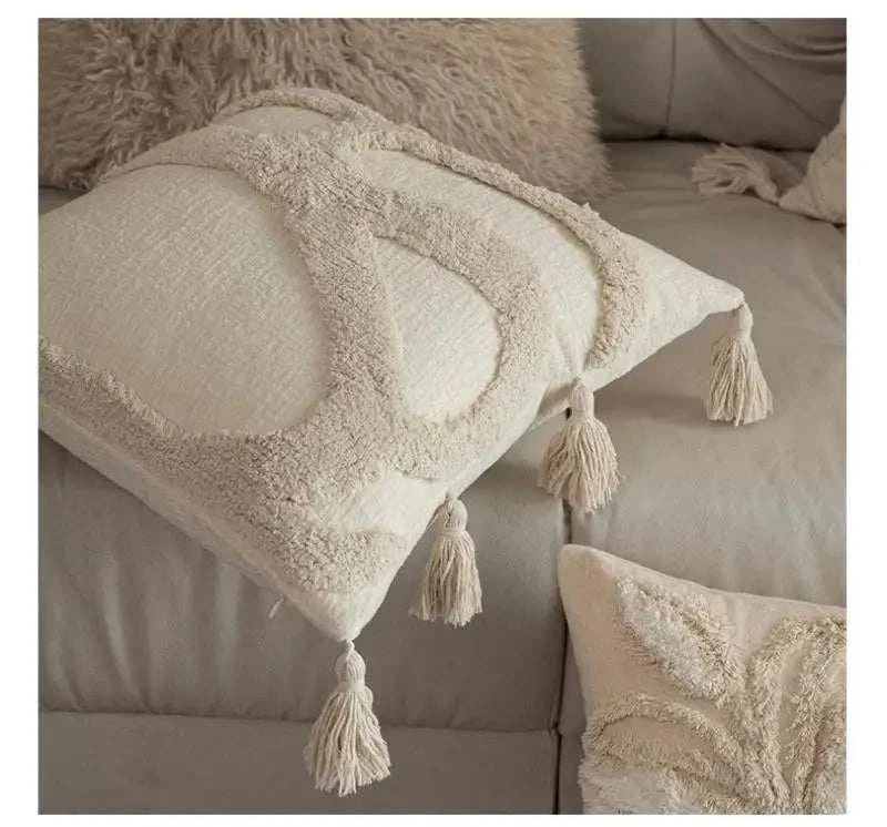 Jacquard embroidery square cushion cover with tassels in neutral tones for sofa and bed decor