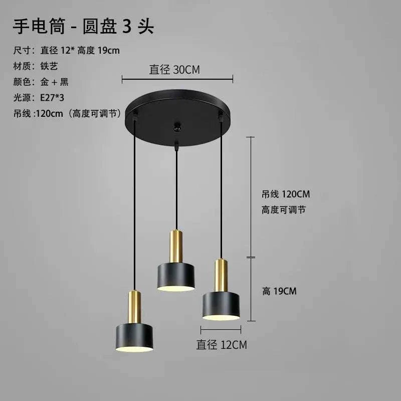 Nordic Simple three-chandelier lamp with black and gold metal finish, adjustable height, modern minimalist design for living room and dining areas