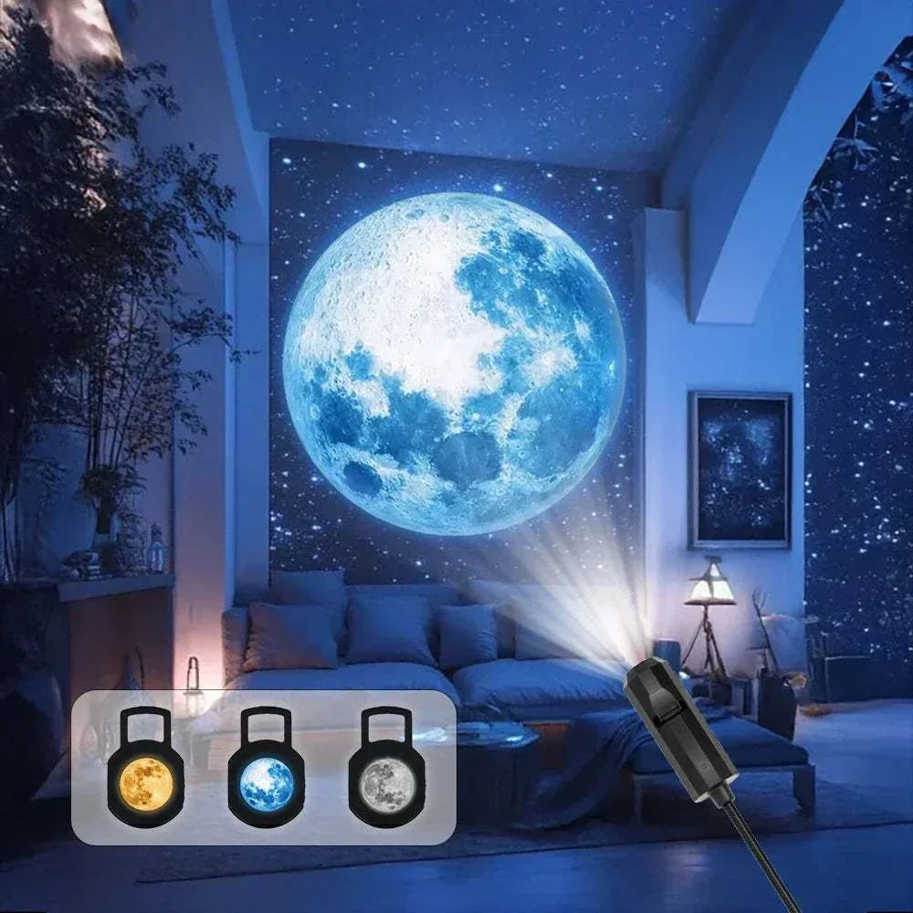 Moon projection lamp displaying three colors projecting a large moon on a room wall creating a romantic night light atmosphere