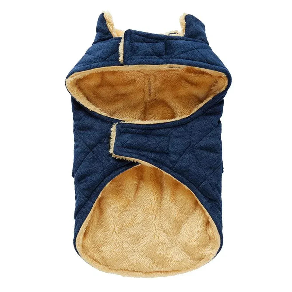 Blue quilted pet coat with thick plush warm lining for dogs