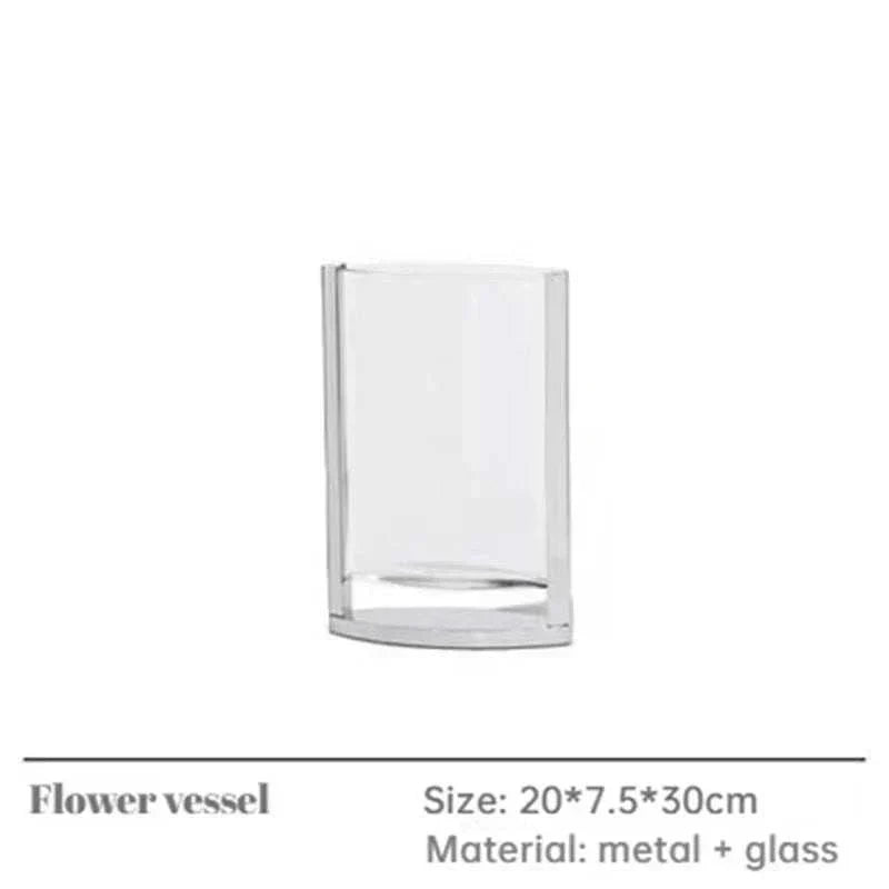 Modern glass vase with metal base, minimalist flower vessel for home decor
