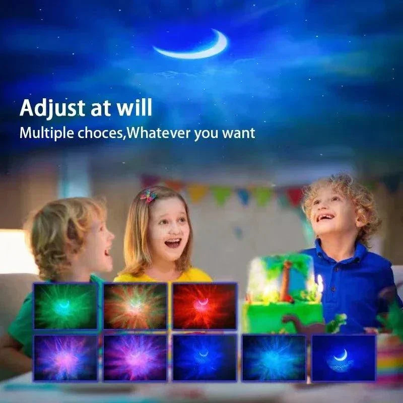 Children enjoying galaxy lighting for kids Bluetooth astronaut star projector with LED aurora and moon nebula effects