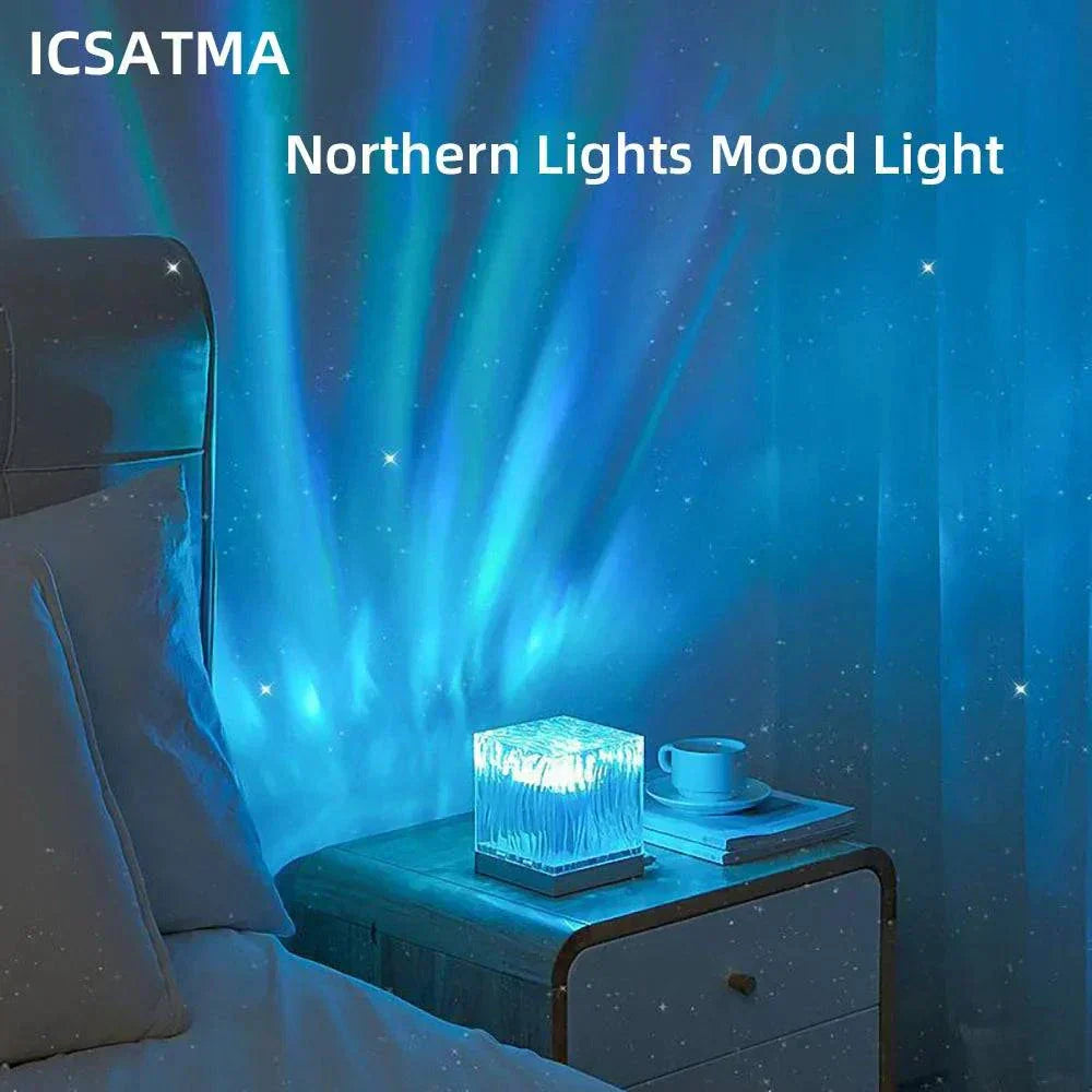Northern Light starry sky projector lamp casting ocean wave and aurora effects on bedroom wall and ceiling