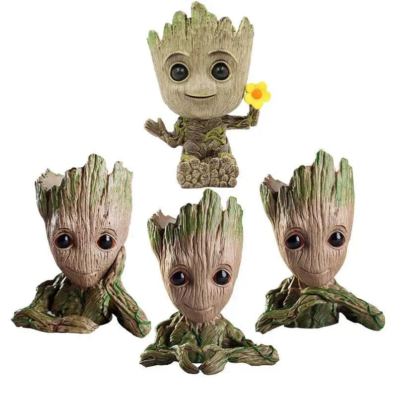 Set of modern Groot-inspired flower vases and planters for home décor and office storage.
