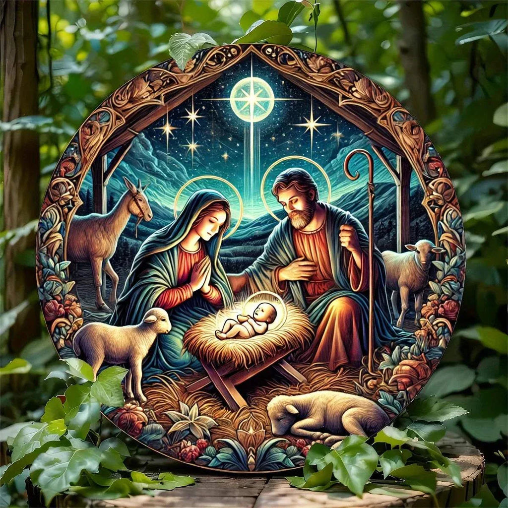 Round aluminum nativity scene plaque with Mary, Joseph, baby Jesus, animals, and star in detailed classical style outdoors