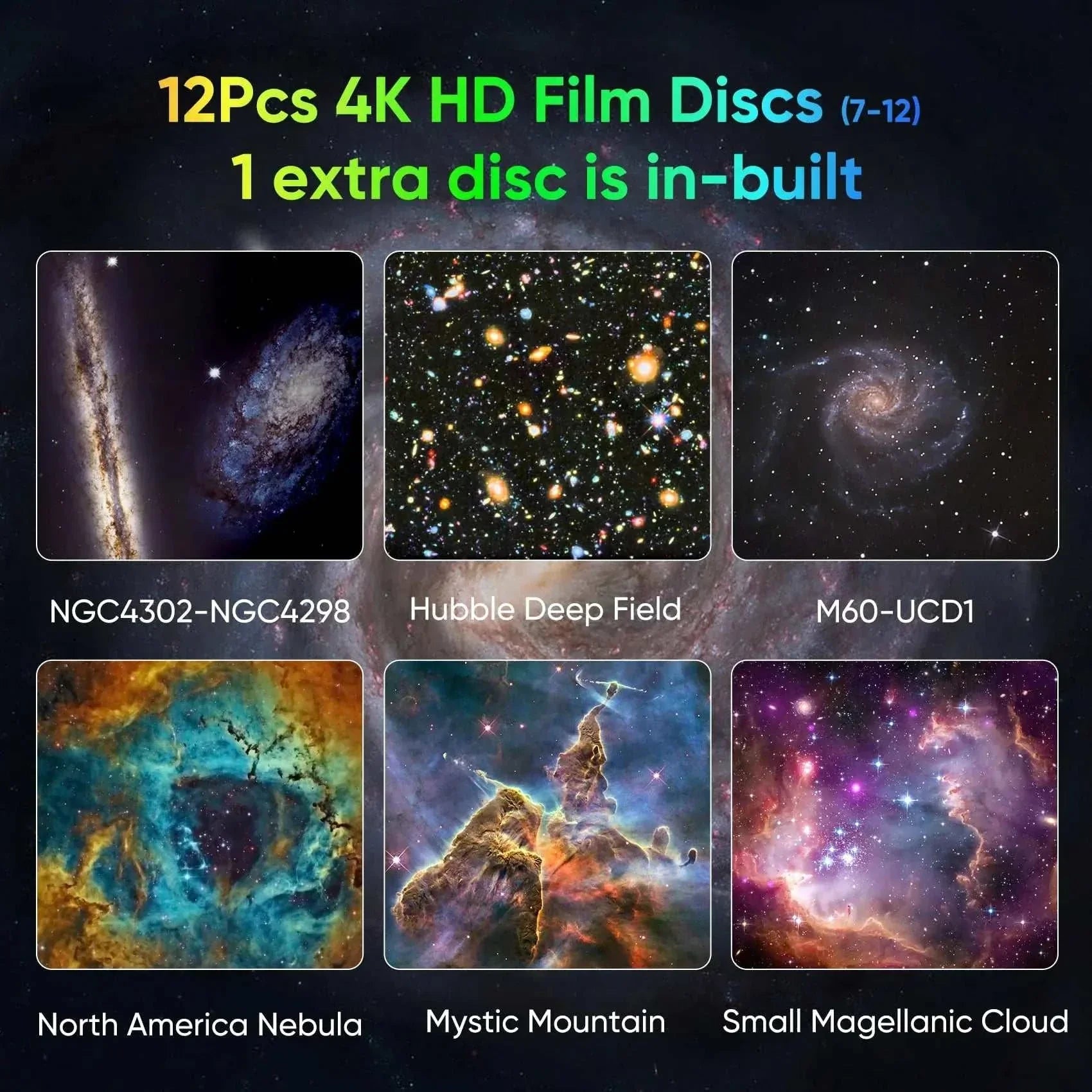 Galaxy projector for bedroom with 12pcs 4K HD film discs featuring nebulae, star clusters, and galaxies for room decor