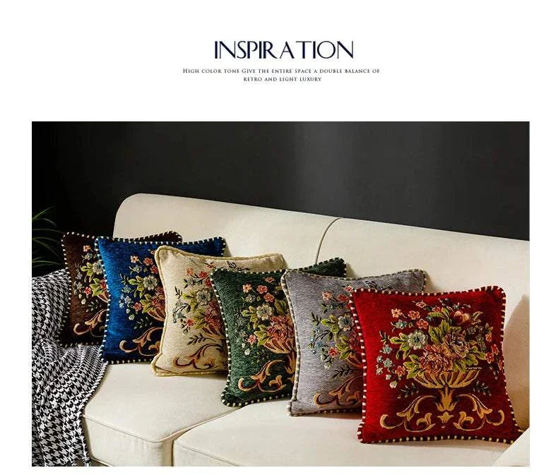 Set of colorful jacquard flower cushions with high precision embroidery on living room sofa