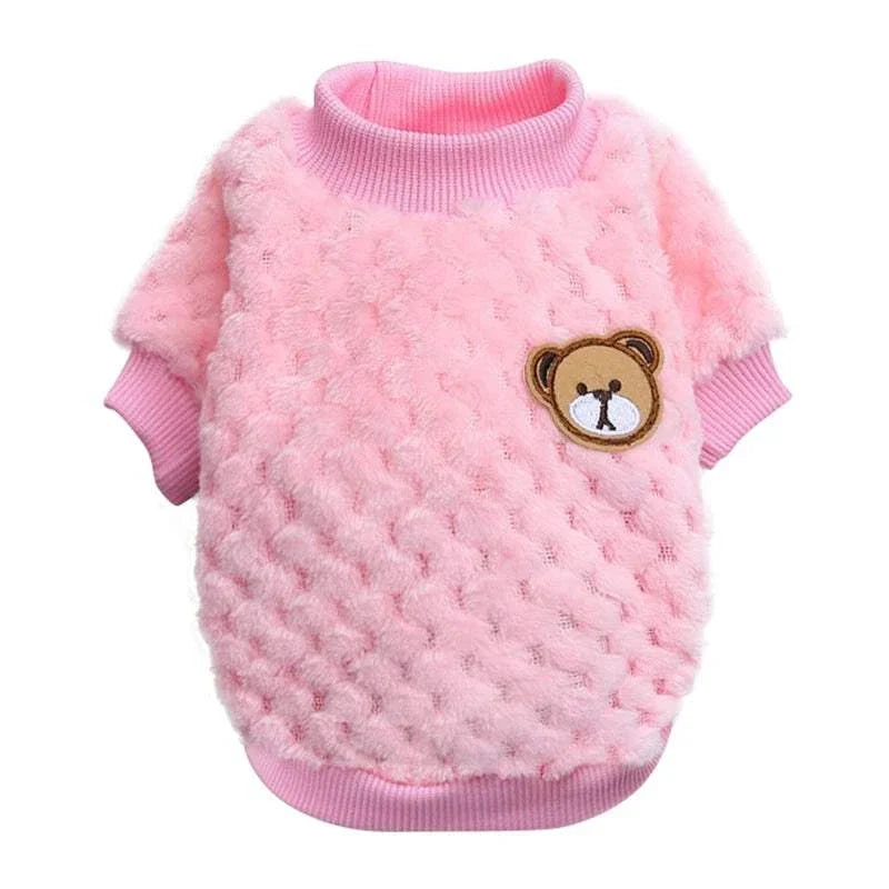 Soft fleece pink warm dog sweater with bear patch for small puppies