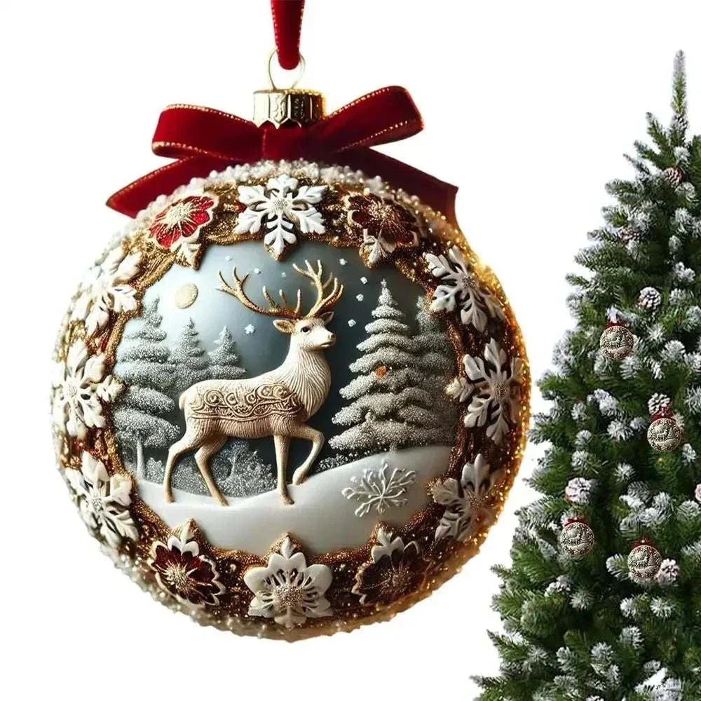 Fairy Tale Planet Christmas tree ornament featuring a reindeer and winter scene with decorative snowflakes and red bow
