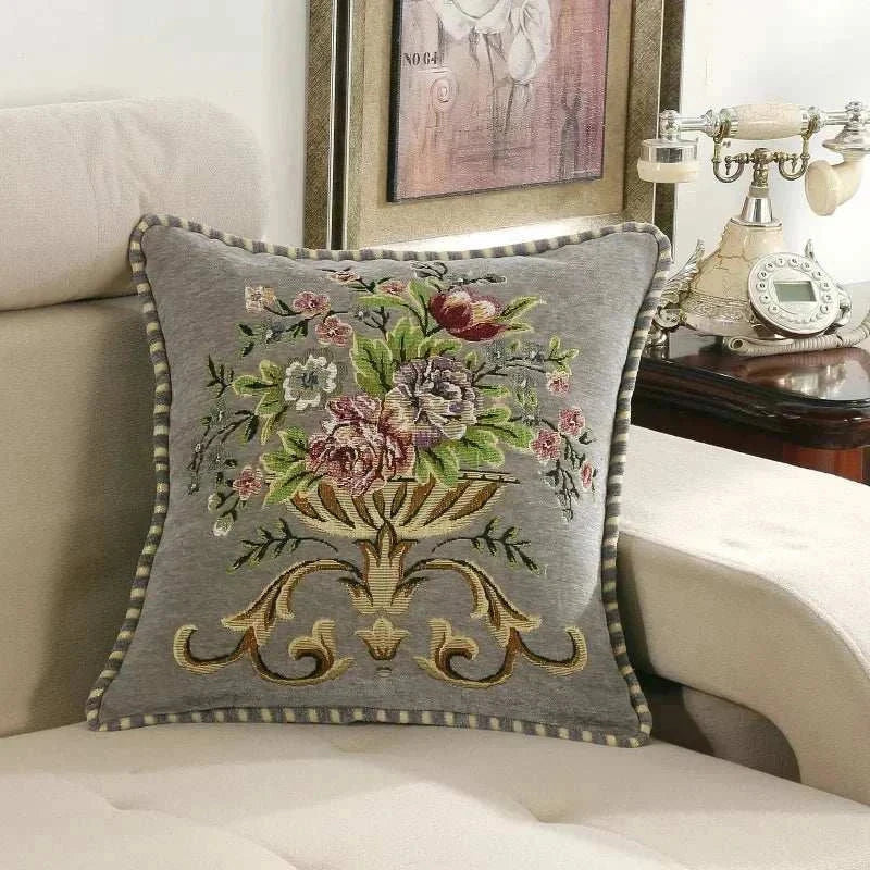 Jacquard flower cushion pillowcase with embroidered floral design on grey fabric for living room sofa backrest 45x45 cm