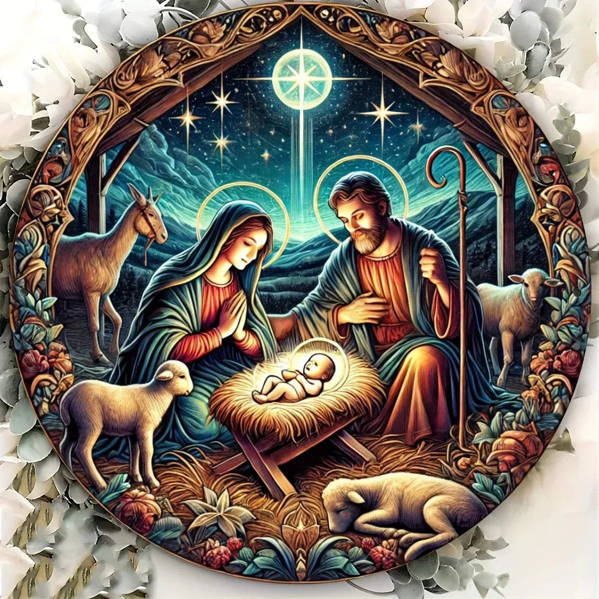 Round aluminum nativity scene plaque featuring Mary, Joseph, baby Jesus, and animals with a starry night background, Christmas wall decor