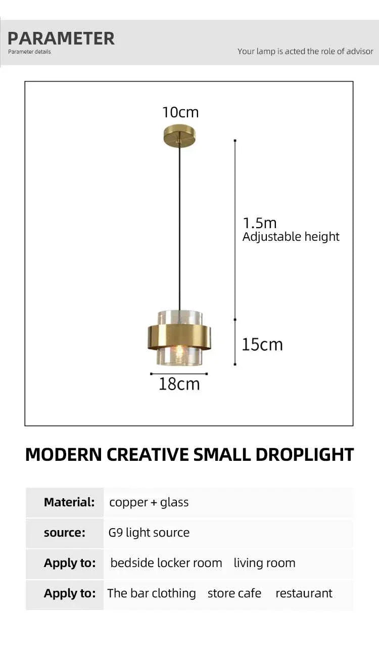 modern bedroom art decor pendant light with copper and glass design and adjustable hanging height