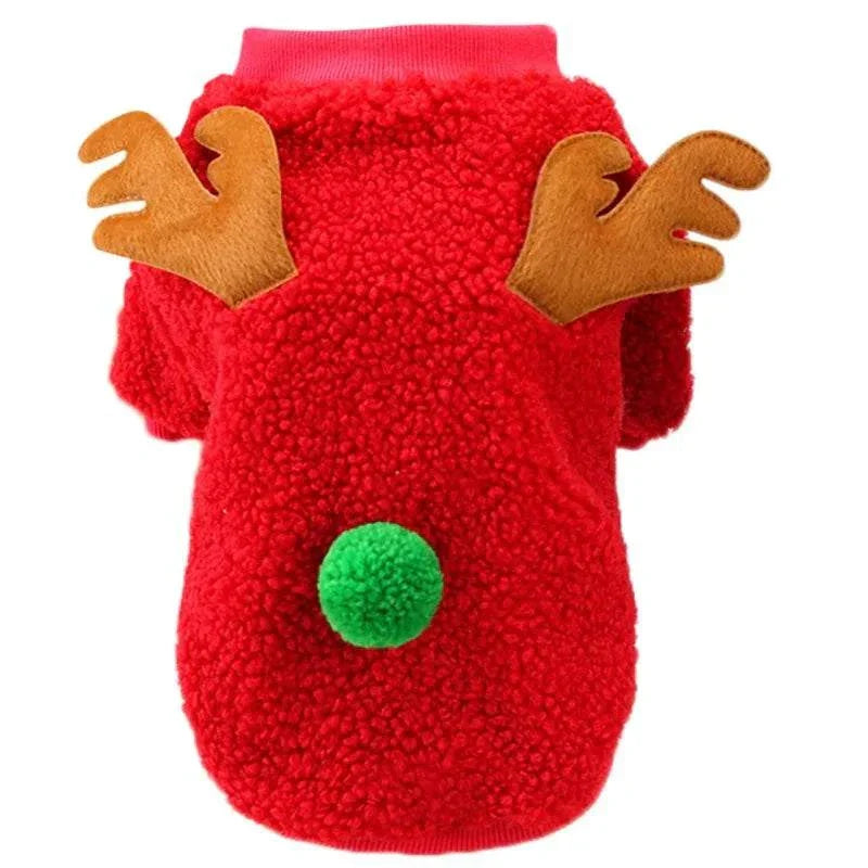 Red fleece Christmas pet sweater with reindeer antlers and green pom-pom for small dogs and cats