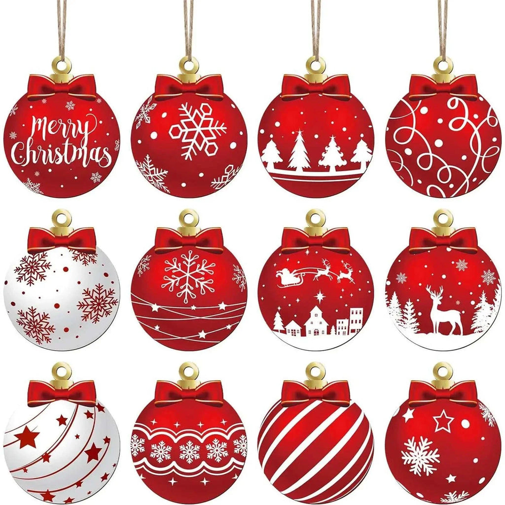 12pcs new flat Christmas tree wooden ornaments set with red and white festive designs and hanging ribbons