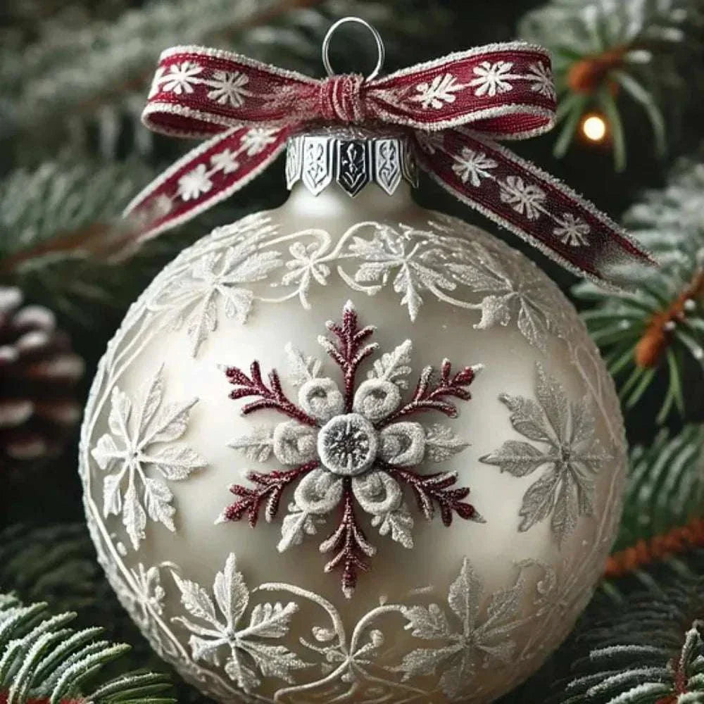 Fairy Tale Planet acrylic Christmas tree decoration with intricate snowflake design and red bow ornament