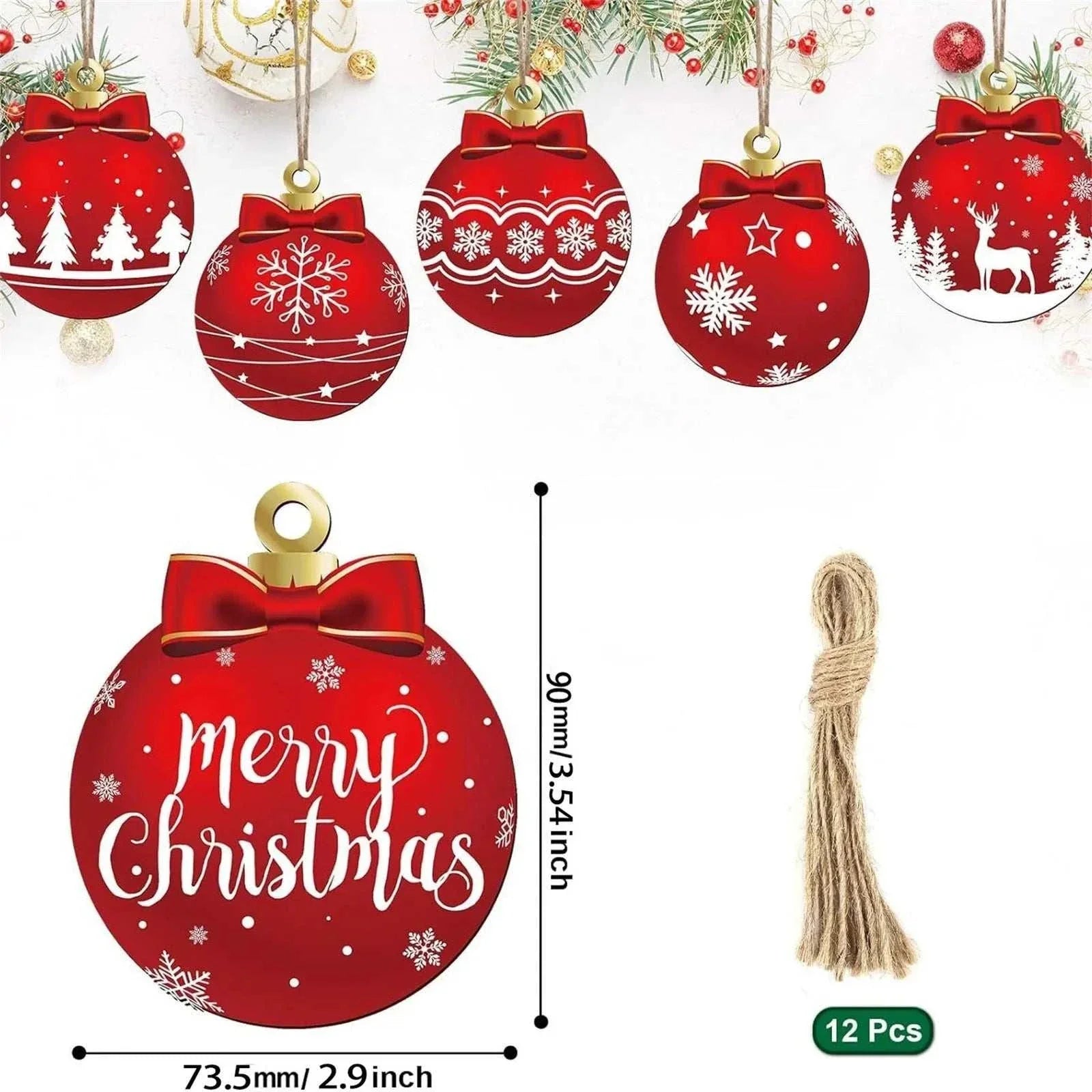 12pcs flat red wooden Christmas tree ornaments with festive white designs and hanging strings