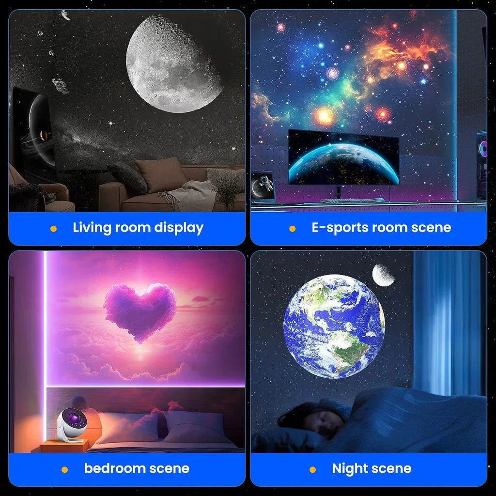 Planetarium Galaxy Star Projector projecting moon and galaxy scenes in living room, e-sports room, bedroom, and night settings with 360° rotation and LED light effects