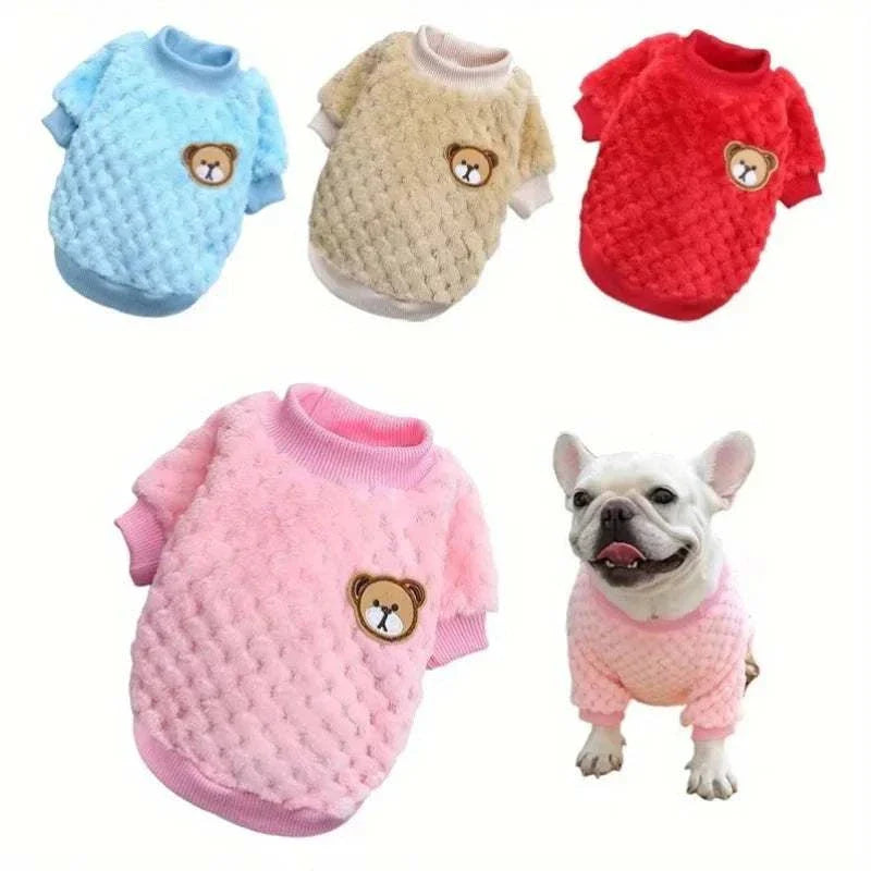 Soft fleece warm dog sweaters in blue, beige, red, and pink with bear patch for small puppies and French bulldogs.