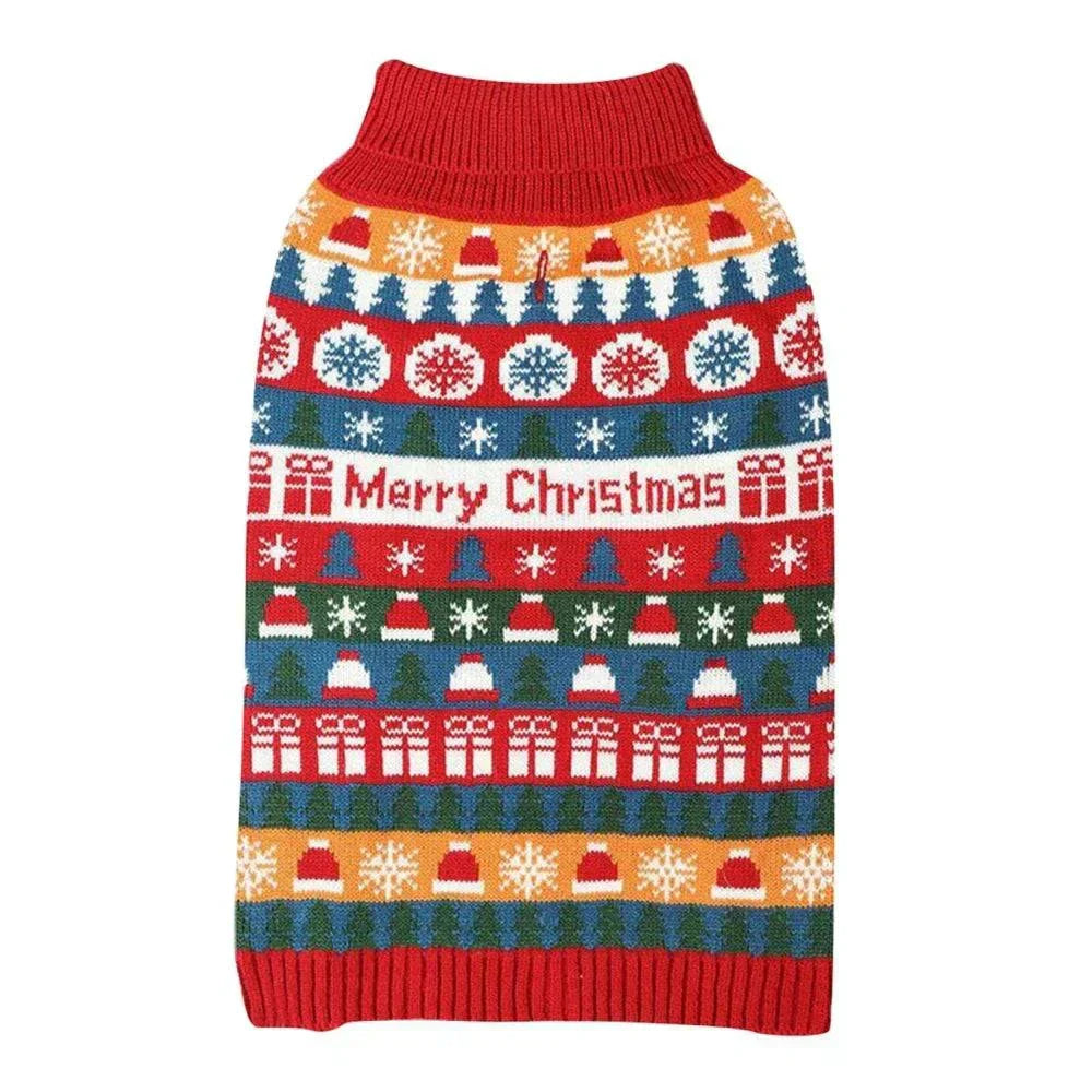 Christmas puppy sweater with festive knit pattern and "Merry Christmas" text for small dogs