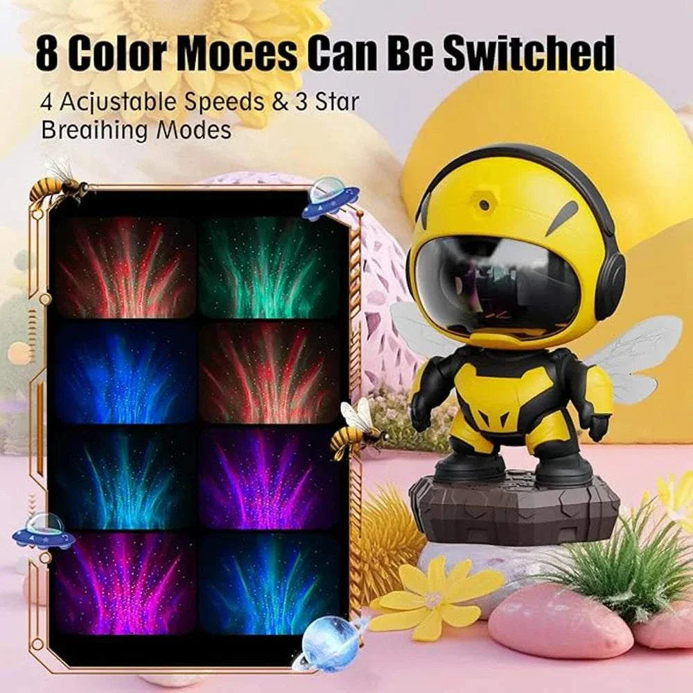 Bee-shaped star projector galaxy night light with 8 color modes and adjustable speeds for kids room decor
