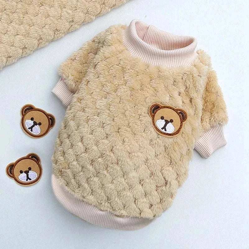 Soft fleece warm beige dog pullover coat with teddy bear patch for small puppies and small dog breeds