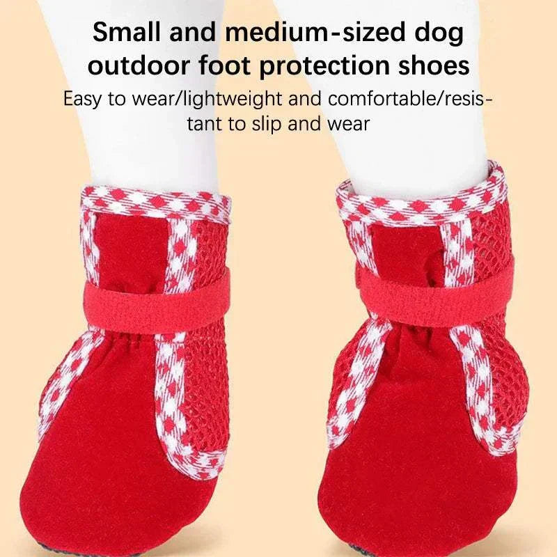 Red wear resistant dog boots with adjustable straps for small and medium-sized pets, non-slip outdoor foot protection shoes