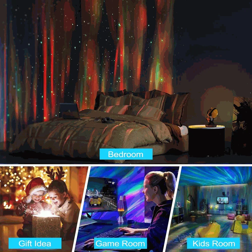 Star Projector Galaxy Night Light creating colorful nebula and starry effects in bedroom, kids room, and game room ambiance