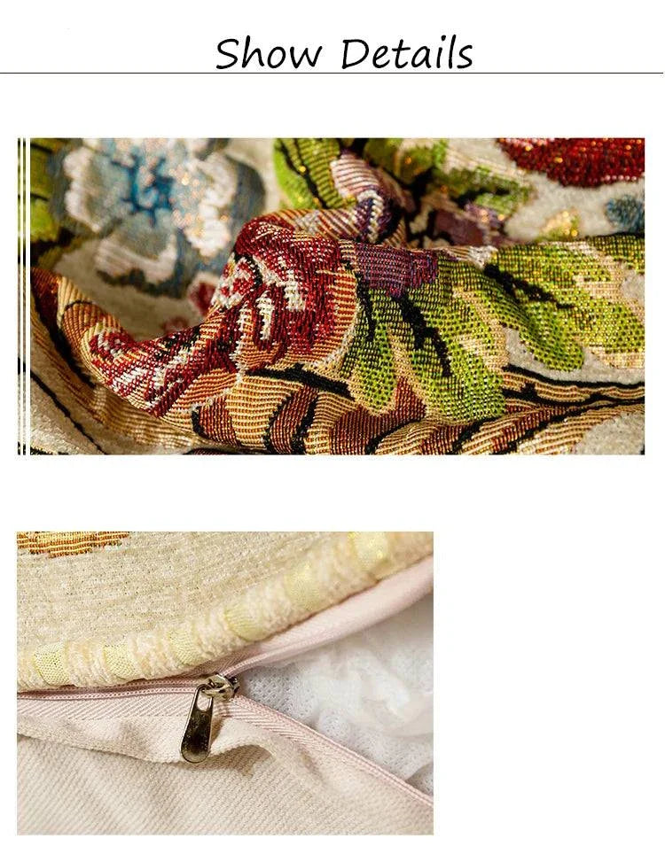 Close-up of embroidered jacquard flower cushion pillowcase fabric and zipper detail on 45x45 cm floral cushion cover