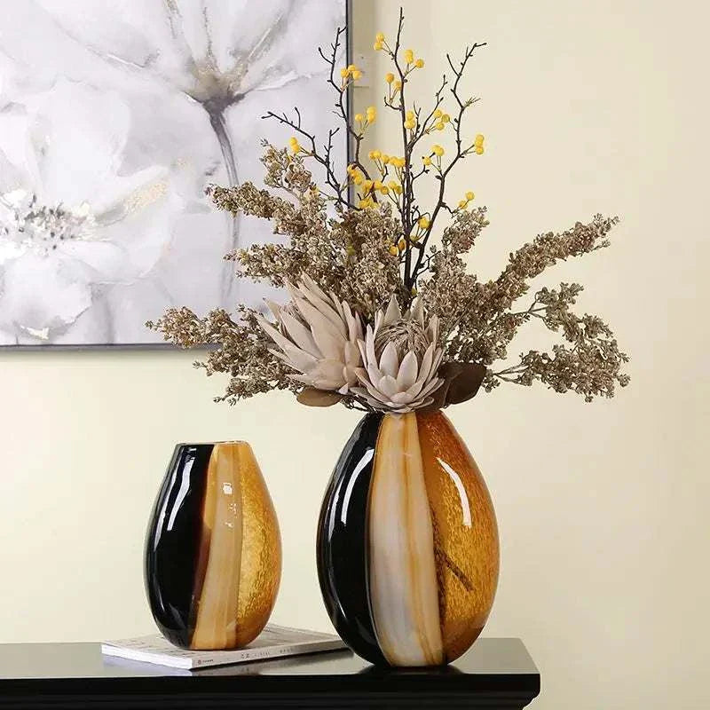 Modern simple glass vase with color matching design, light luxury art decoration for living room, ideal for hydroponic flowers or dried floral arrangements.