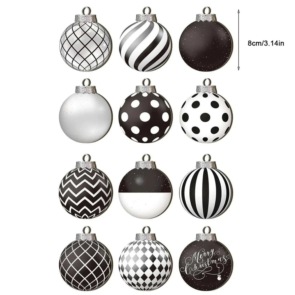 12pcs new flat Christmas tree ornaments set black and white patterned round wooden hanging decorations 8cm size