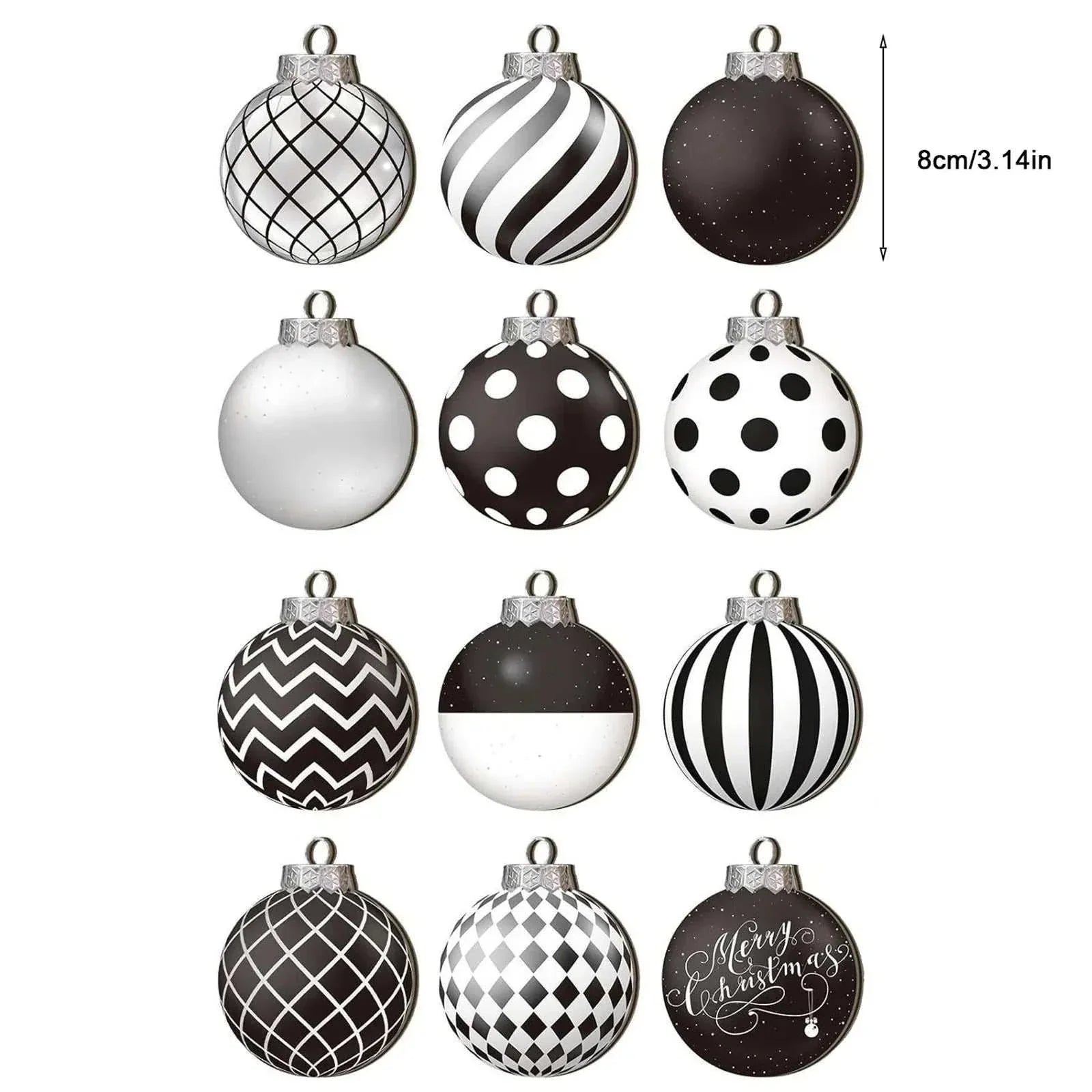 12pcs new flat Christmas tree ornaments set black and white patterned round wooden hanging decorations 8cm size
